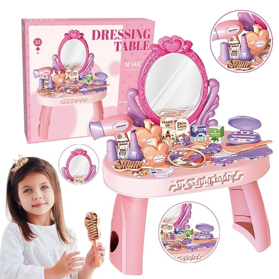 Pretend Play Girls Makeup Table Set, Toddler Girls Vanity Set Toy, Princess Toys for Little Girls Ages 3 4 5 6 7