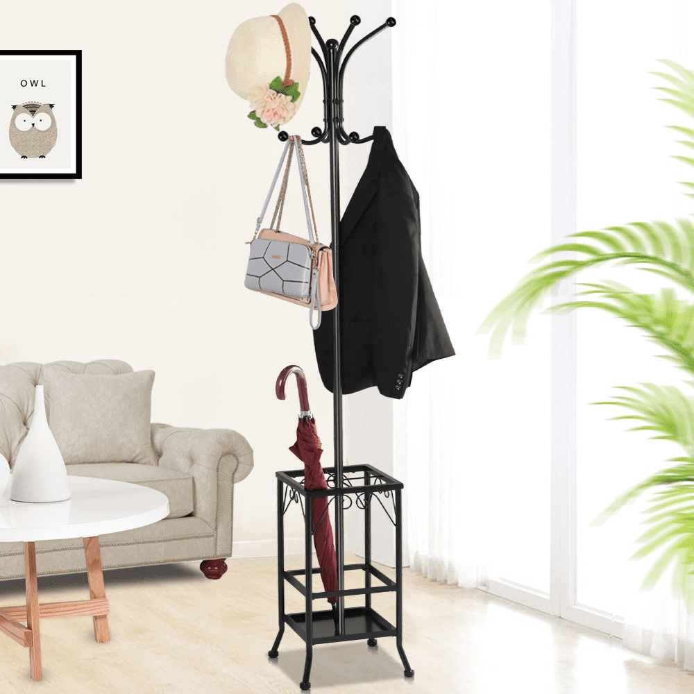 Free-Standing Indoor Metal Coat Rack with Hooks for Hanging Jacket Hat Umbrella 