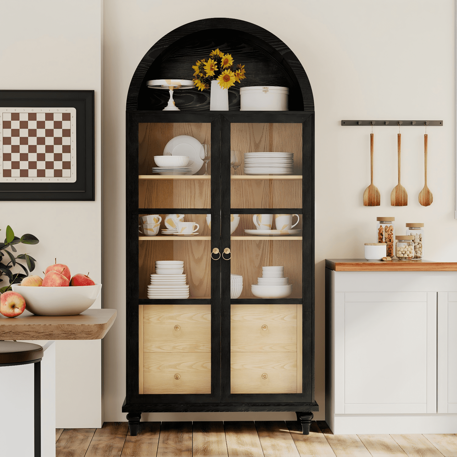 Furmax 71'' Tall Arched Pantry Cabinet, Wood Display Cabinet with 2 Large Drawers and 3 Shelves, Kitchen Storage Cabinet for Kitchen, Living Room, Dining Room, Black