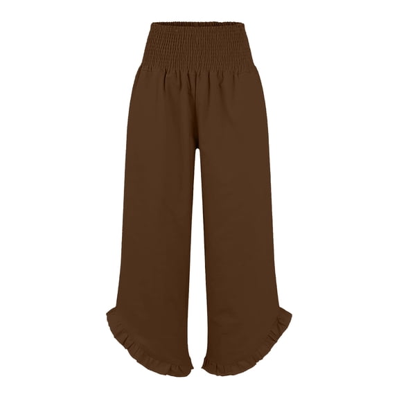 QHFBli Womens Wide Leg Linen Pants Smocked Elastic Waist Ruffle Hem Palazzo Pants Summer Loose Comfy Beach Pants with Pockets