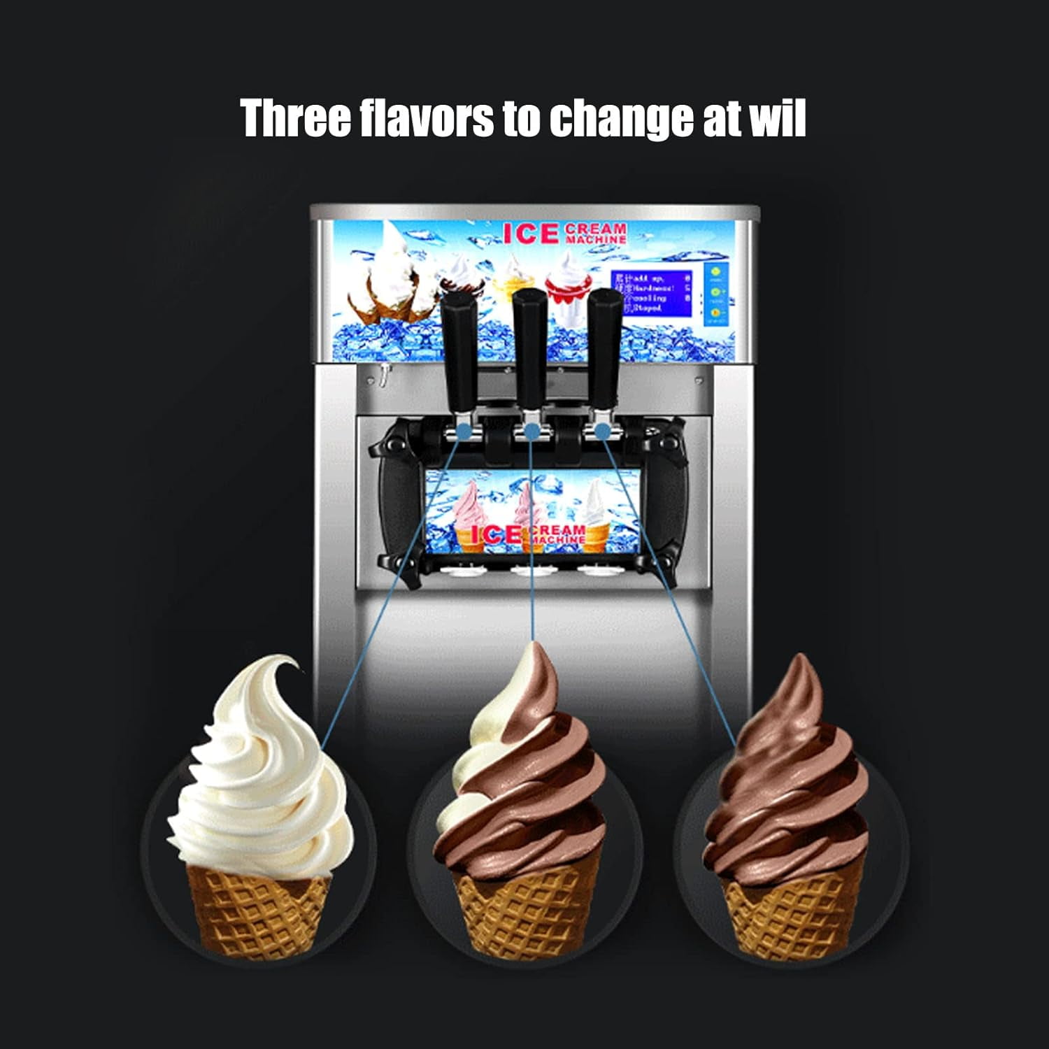 Commercial Soft Serve Ice Cream Machine 3 Flavors Ice Cream Maker with LED Display