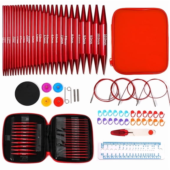 NHLKnit Interchangeable Knitting Needles,13 Pairs Circular Knitting Needles Set Aluminum (Size 3.0mm-10.0mm) with 4 Cables for Socks Blankets Cushions, Ideal Knitting Gift .Red
