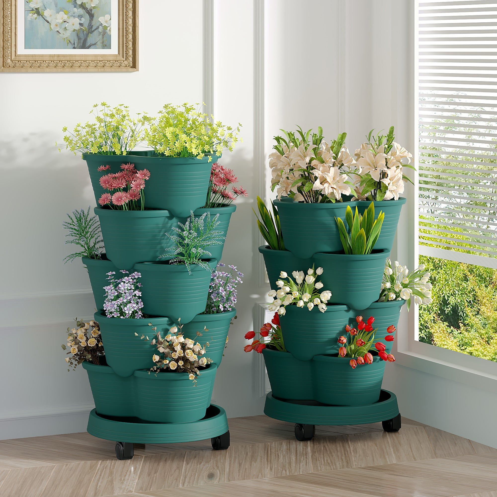 VECELO Stackable Planters 5 Tier Vertical Gardening Planter, Stackable Garden Tower Indoor Outdoor Pot For Strawberries, Flowers, Herbs, Vegetables With Removable Wheels, Dark Green