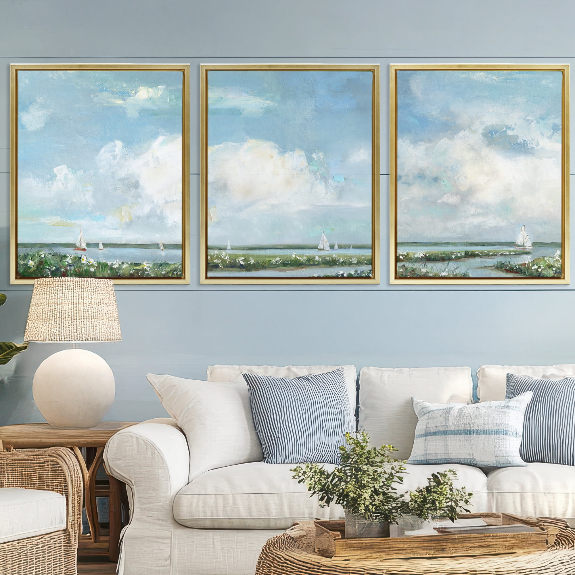 Stupell Industries Daisies Along Calm Coastline 3 Piece Gold Framed Floater Canvas Set, design by Sally Swatland