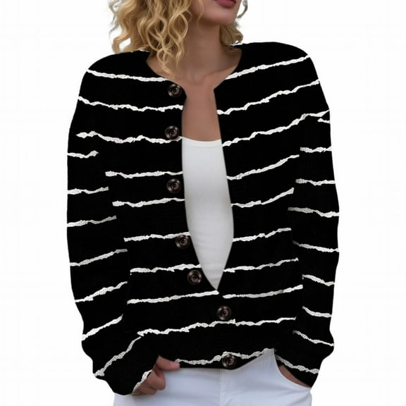 iHPH7 Casual Outerwear Striped Sweater Women Womens Fall Jackets Long Sleeve Sweaters for Women Button Up Cardigans for Women Fall Cardigans for Women Fall Clothes Black L