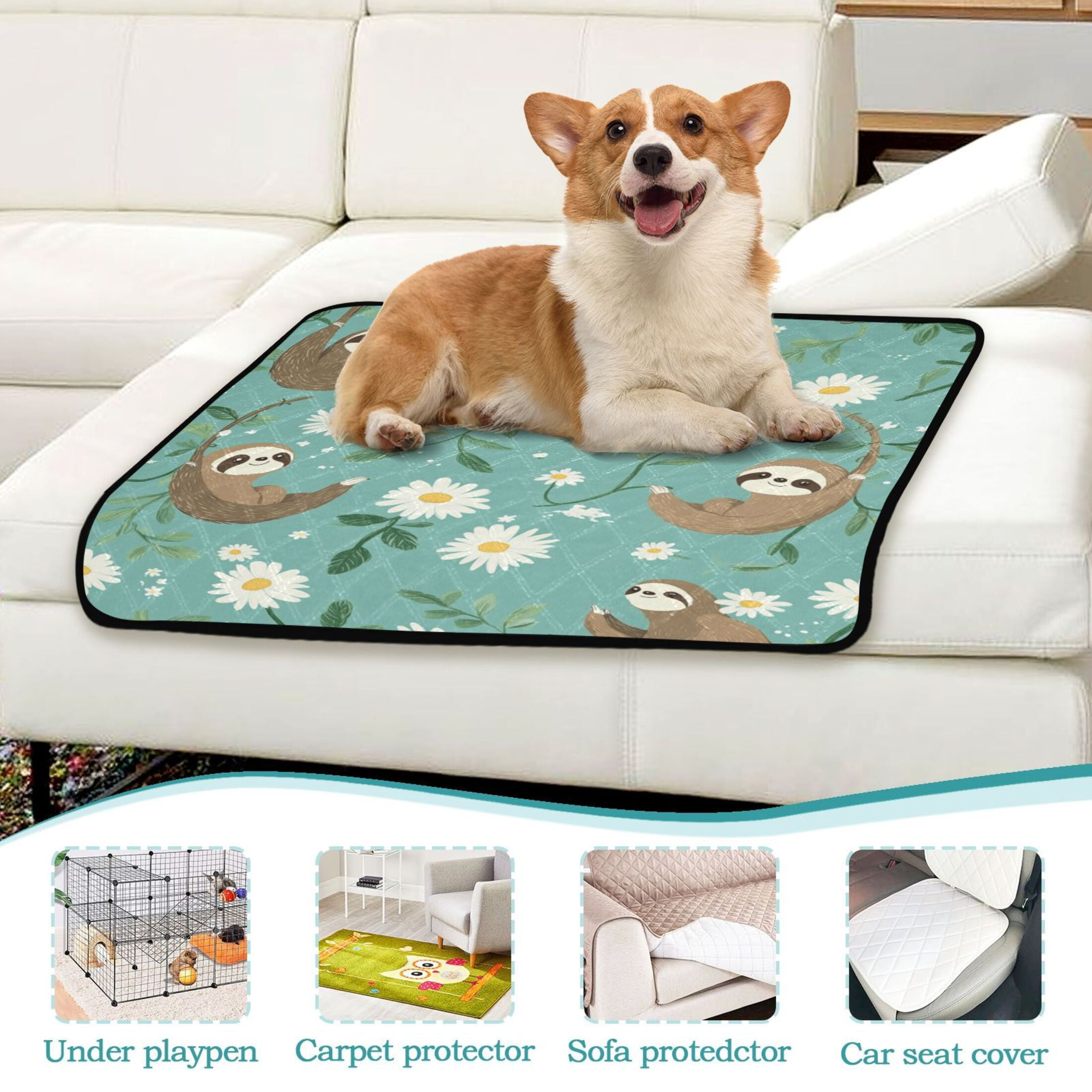 Qxltty Pattern with Daisies and Sloths Hanging on Vines Cat litter Pads Pet Set of 3 Diaper Mats Center Anti-leakage Layer Absorbent Soft and Comfortable