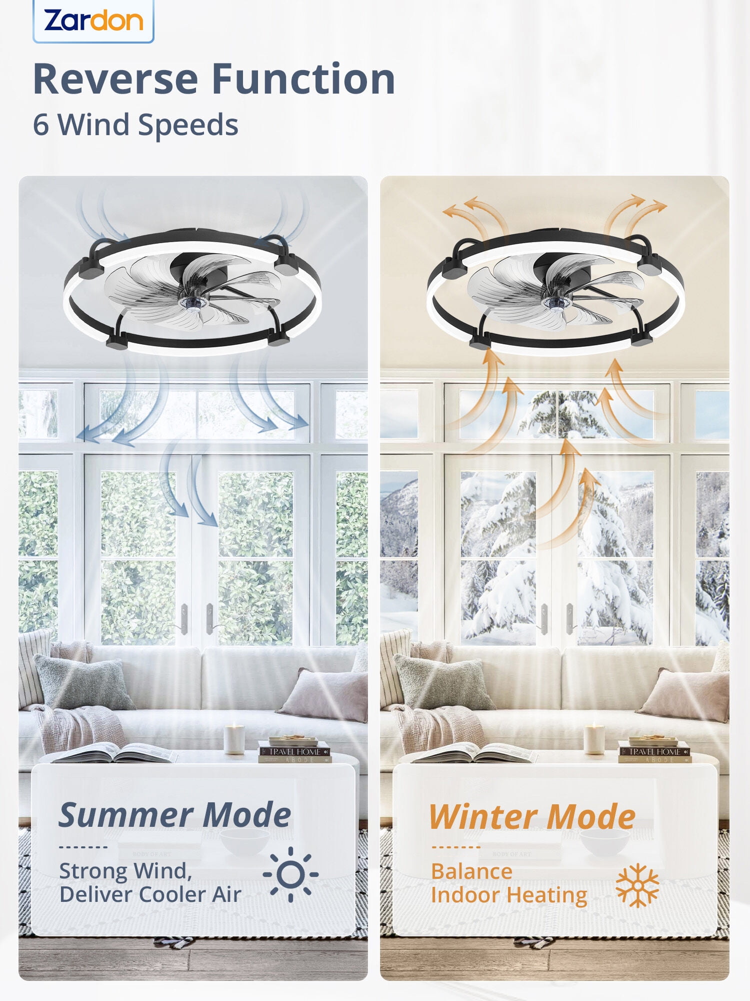 Zardon 24'' Ceiling Fans with Lights and Remote, Modern Flush Mount ,Dimmable LED Fan Light, for Bedroom, Black