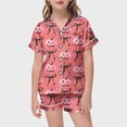 thumbnail image 2 of Kids Halloween Two-Piece Outfit Bowknot Pumpkin Print Lapel Button Short Sleeve Tops And Shorts Nightwear Soft Lounge Sets, 2 of 4