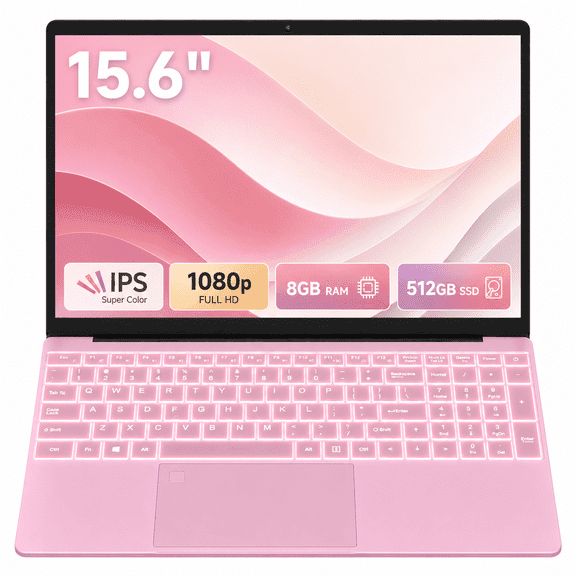MiniHyper 15.6" Pink Laptop, Intel N5100, 8GB RAM, 512GB SSD, FHD IPS Display, Windows 11 Pro, Backlit Keyboard, Fingerprint, 2-Year Warra
