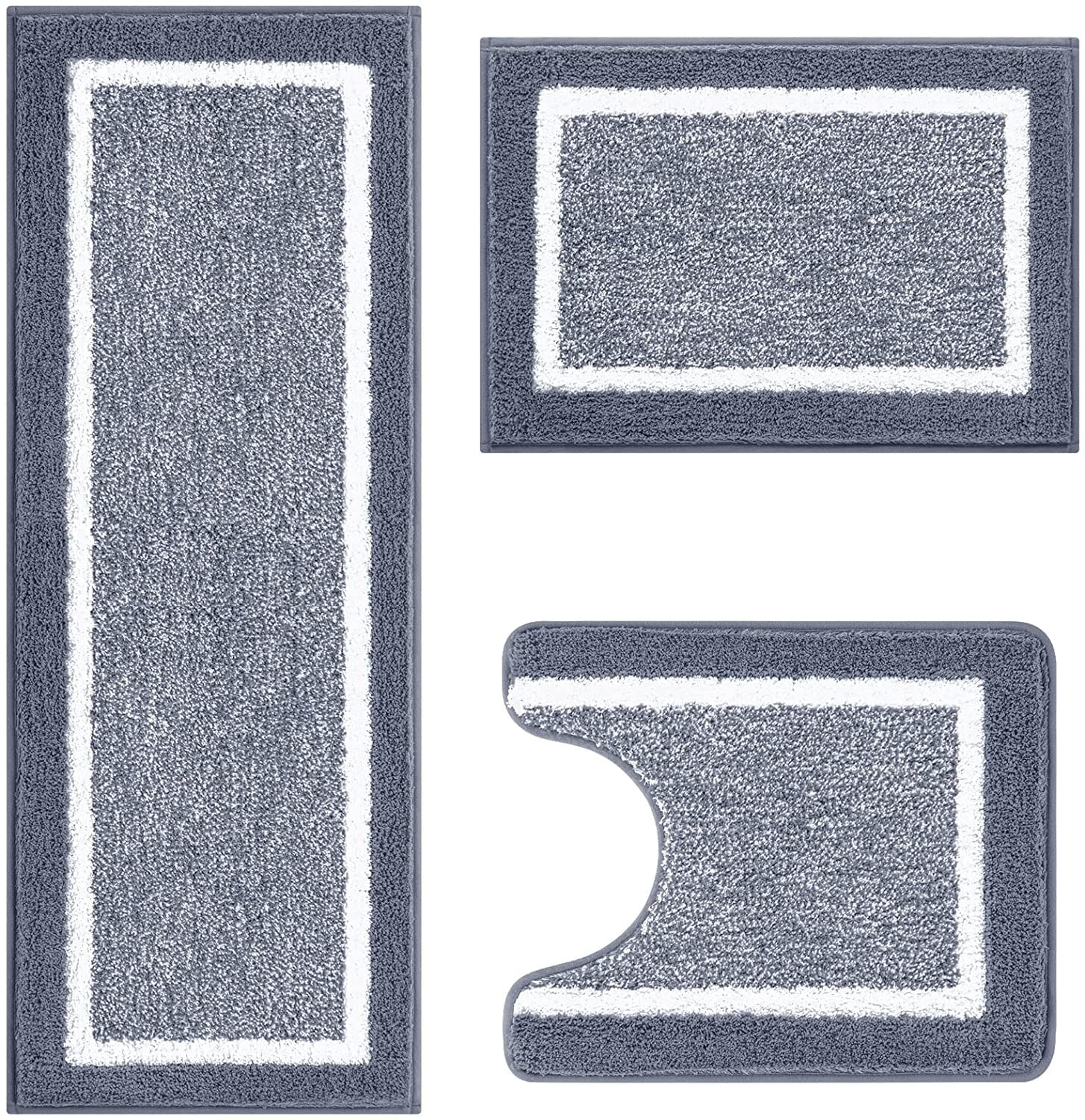 Findosom 3pcs Bathroom Rugs Set with U-Shaped Mat, Non Slip, Quick Drying, Ultra Soft and Water Absorbent Bath Rug Mat Carpet Machine Washable 18"x26"+18"x48"+U Shape 20"x24" Dark Gray