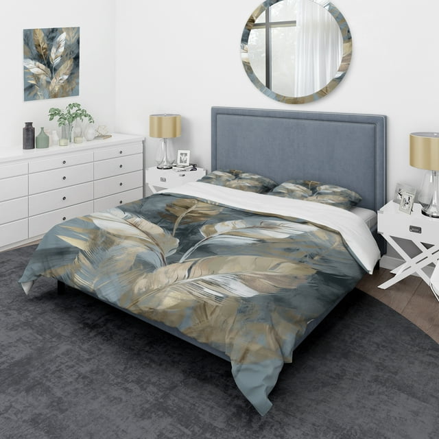 Designart "Impressions Of Bohemian Energy Gold And Grey II" Boho Feather Bedding Covert Set - Traditional Gold Geometric Bed Set With 1 Sham