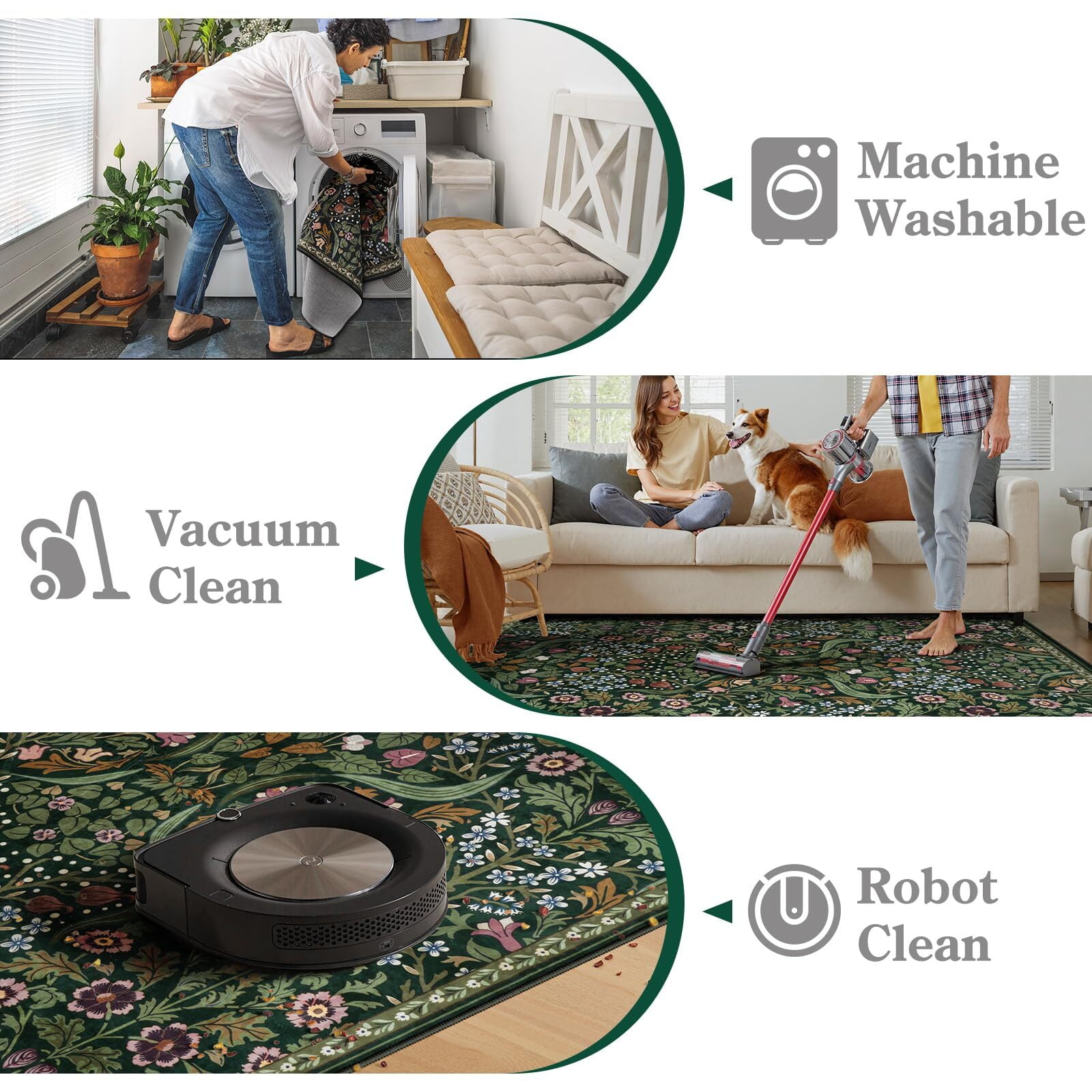 Lahome Floral Washable 8'x10' Rug, Large Rugs for Living Room, Green Soft 8 x 10 Boho Bedroom Rugs, Non Slip Botanical Ultra Thin Floor Carpet for Dining Room Nursery, Green