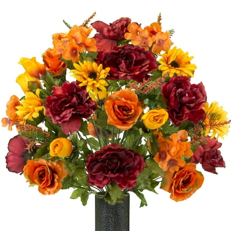 Sympathy Silks Artificial Cemetery Flowers – Realistic Vibrant Daisies, Outdoor Grave Decorations - Non-Bleed Colors, and Easy Fit - Orange Burgundy Peony Daisy Bouquet with Flower