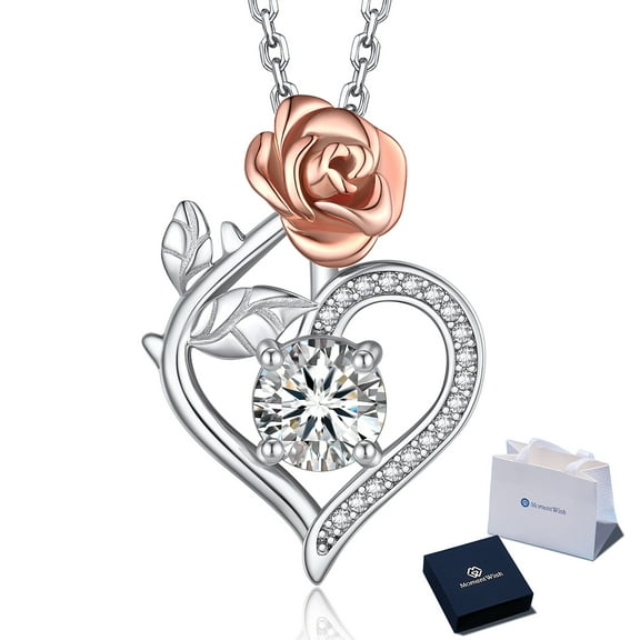 MomentWish 1 Carat Moissanite Heart Necklace 925 Sterling Silver Rose Flower Pendant Birthday Mother's Day Jewelry Gifts for Women