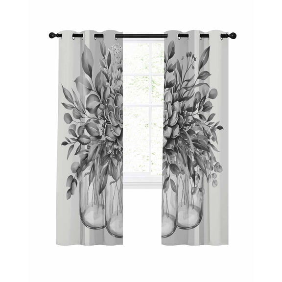 Eucalyptus Grey Blackout Curtains, Light Blocking Print Window Curtains, Vintage Bottle Succulents Flower Stripes Thermal Insulated Window Drapes for Living Room 2 Panels, 84"W x 63"L