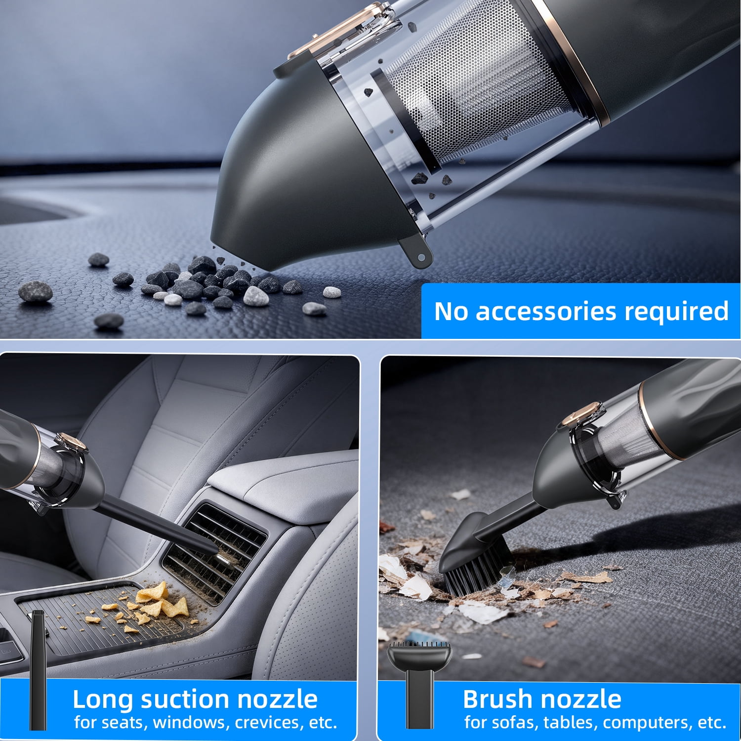 Askmuse Cordless Car Handheld Vacuum Cleaner, 20000Pa Portable Mini Vacuum, 7500mAh Rechargeable Battery, 4-Speed Suction, HEPA & Metal Filter, Long Nozzle, Brush Nozzle and Blow Nozzle, Black