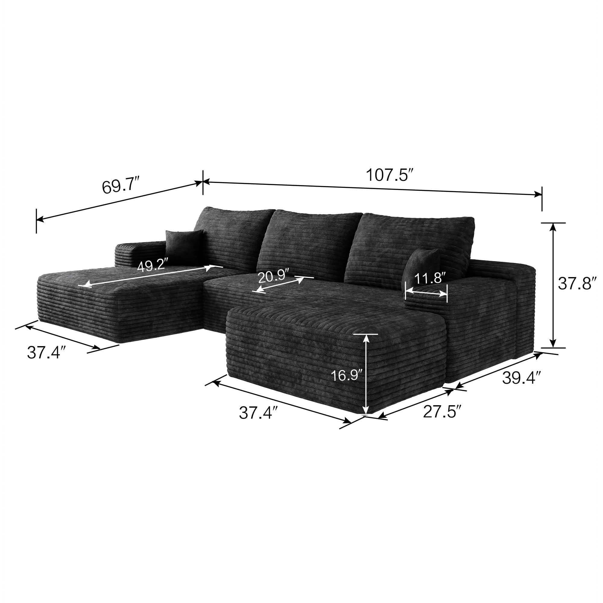 MAYEERTY Compressed 107" L‑Shaped Modular Cloud Sectional Sofa with Chaise, Plush Corduroy Reversible Deep‑Seat Couch, Independently Movable No‑Assembly Floor Sofa