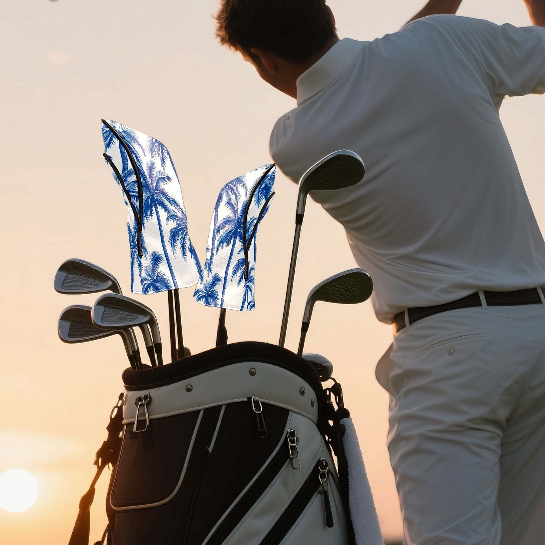 Golf Club Covers PU Leather Waterproof Head Covers for Fairway Woods Hybrids Blue Palm Tree