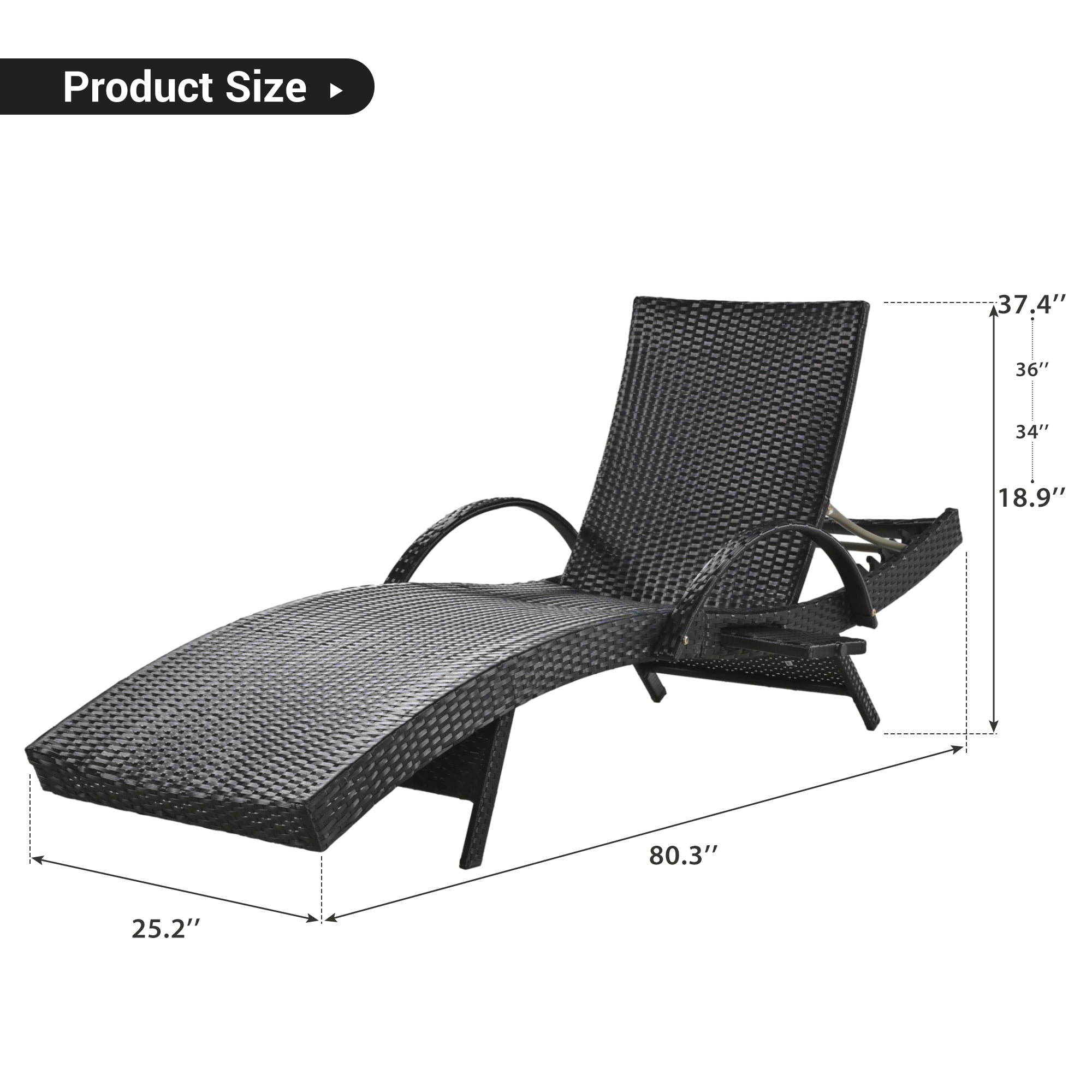 2 Pack Outdoor Wicker Reclining Lounge Chair, 5 Position Adjustable Backrest Pool Side Patio Lounger with Pull Out Side Table, Black