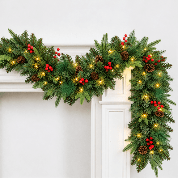 9ft Outdoor Pre-Lit Christmas Garland for Mantel,PE Garlands with Lights for Fireplace Stairs Doorway Indoor Outdoor Xmas Holiday Decoration,Battery Operated LED Lights