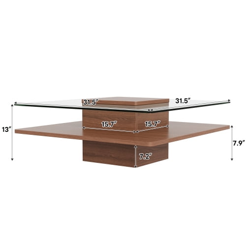 31.5" Square Coffee Table with Clear Tempered Glass Top and Storage Shelf, Walnut