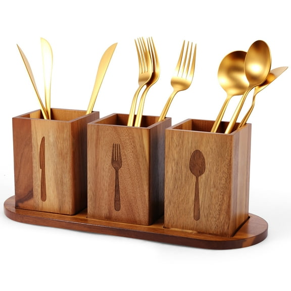 3Pcs Flatware Caddy with 3 Compartment Wooden Tray Cutlery for Party Utensil Holder Containers for Spoons, Forks and knives
