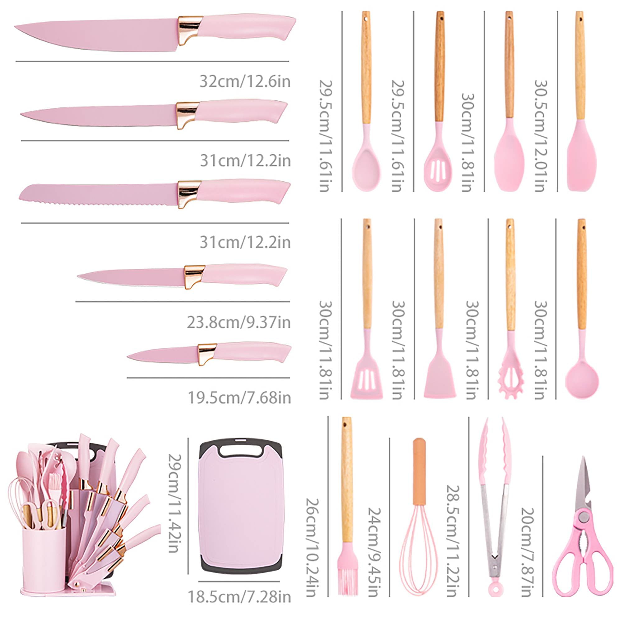 HEESEM 19-Piece Silicone Kitchen Utensil & Knife Set - Heat-Resistant Cooking Tools Non-Stick Safe Gift for Mom or Women Pink