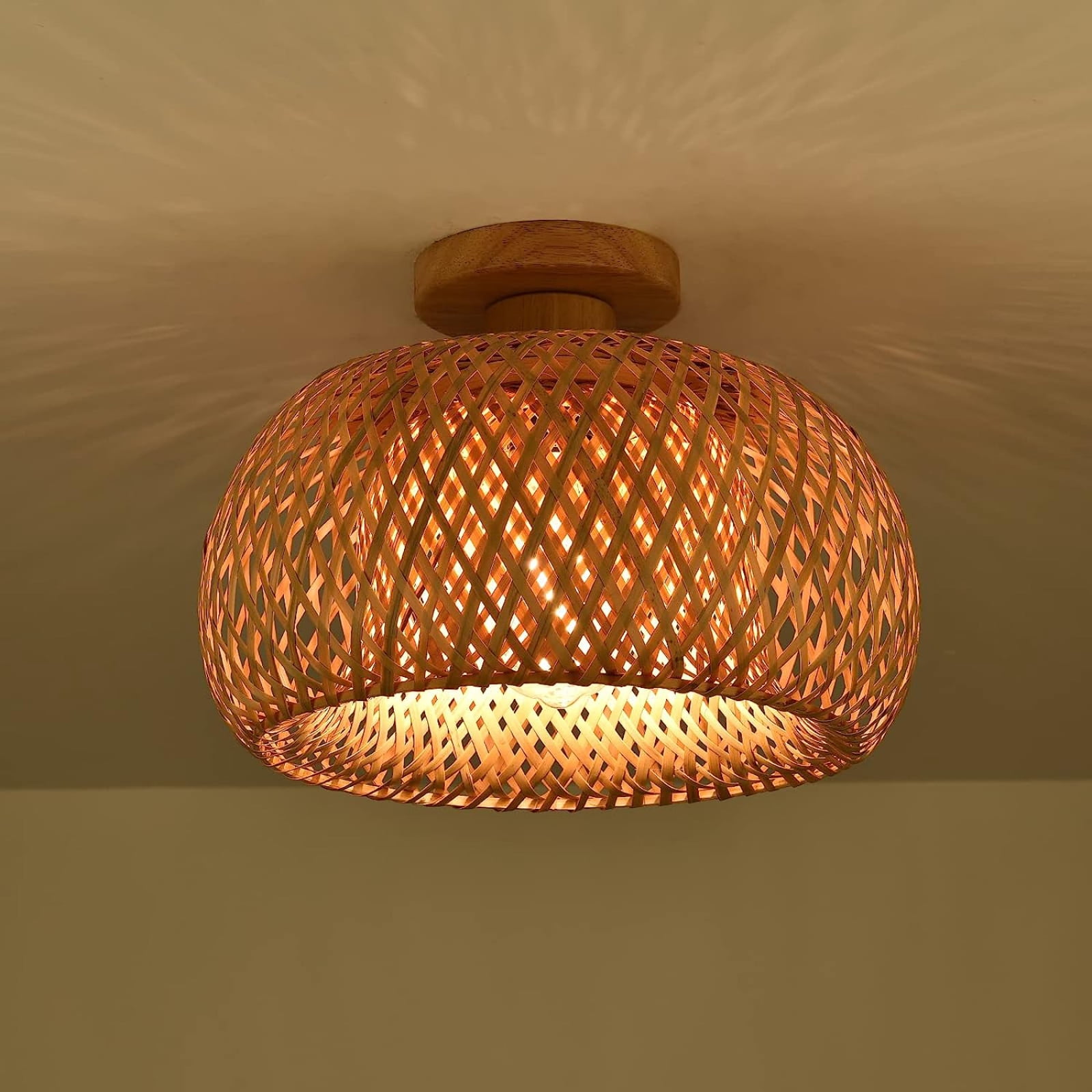 IC INSTANT COACH Rattan Semi Flush Mount Ceiling Light, Mini Bamboo Ceiling Light Fixture, Handmade Boho Rattan Light Chandelier, Farmhouse Light Fixtures for Bedroom Kids Room Hallway Corridor Passwa