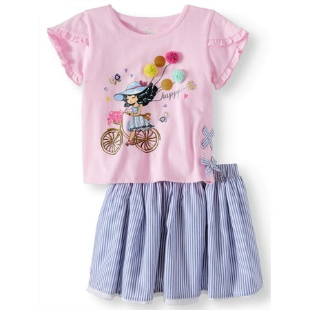 Wonder Nation Side Ribbon Top & Reversible Skirt, 2pc Outfit Set (Toddler Girls)