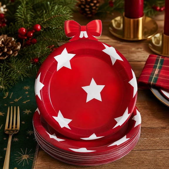 GWAAMB 16 Count 7 Inch Christmas Ball Shaped Paper Plates, Red with White Star Disposable Dinnerware, Xmas Holiday Party Table Supplies, B