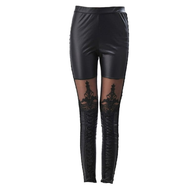 BRIGHTFUFU Leggings de empalme de encaje de imitación de cuero para mujer, pantalones de cintura alta, pantalones ajustados para mujer (negro, talla XL)