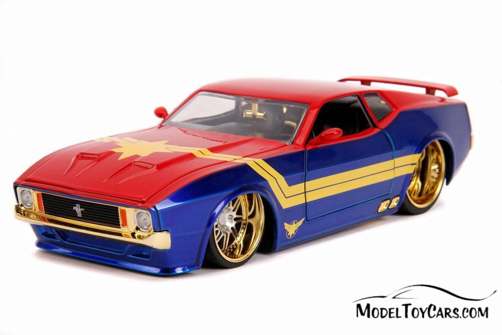 1973 Ford Mustang Mach 1 with Captain Marvel Figure, Red and Blue - Jada 31193/4 - 1/24 Scale Diecast Model Toy Car