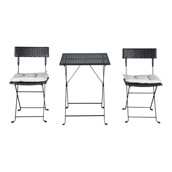 YMHML 3-Piece Outdoor PE Wicker Foldin Patio Bistro Set with One Table,Two Chairs And Two Beige Cushion,Black