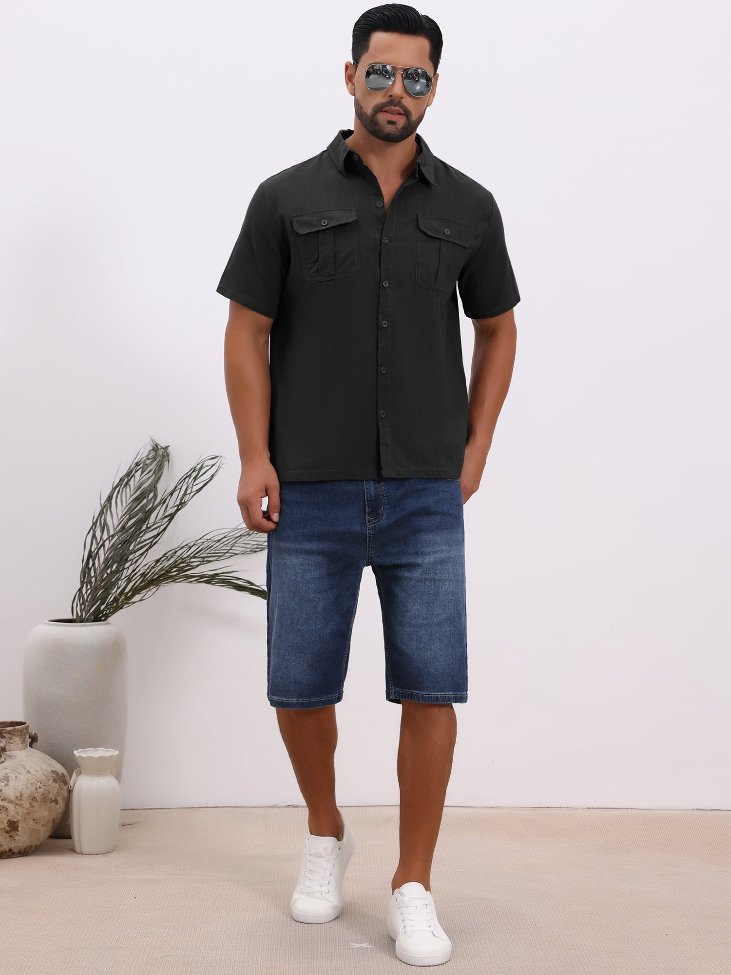 DARING DIVA Men's Solid Color Short Sleeve Button Down Linen Shirt 3XL Black