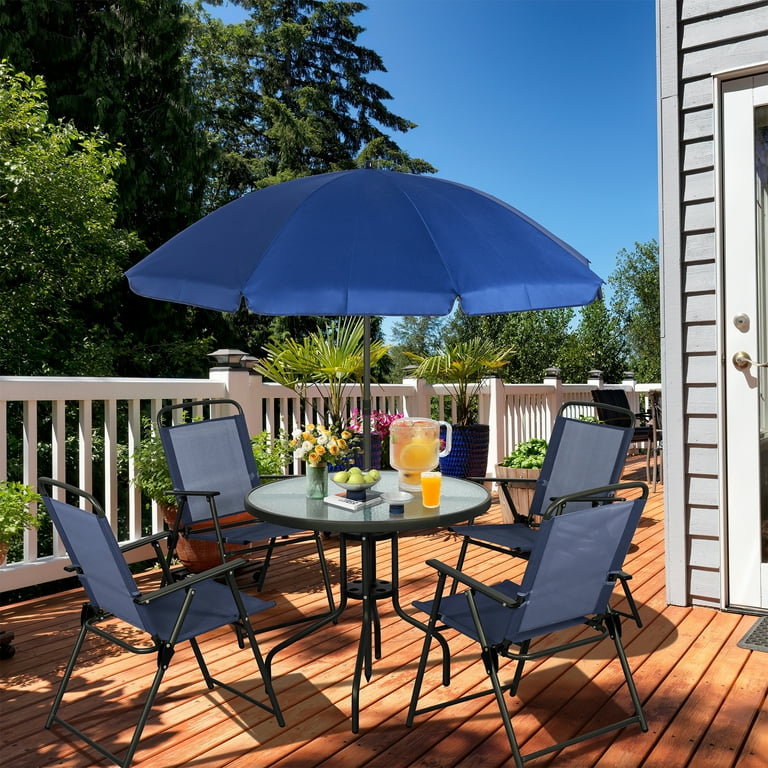 6 piece folding patio dining set with umbrella seats 4 Walsunny 6-Piece Patio Furniture Set with Umbrella, Folding Chairs,  Tempered Glass Table, Dark Blue