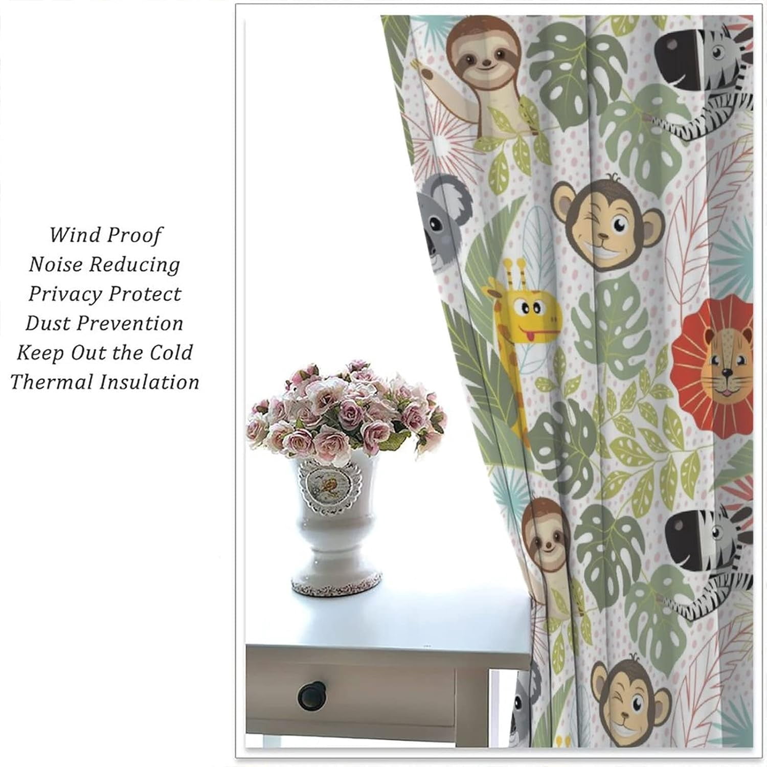Kids Wildlife Curtains Colorful Cute Cartoon Funny Forest Animals Lion Giraffe Koala Art Print for Kids Bedroom Nursery Decor Rod Pocket Blackout Window Drapes 2 Panels 42x54in
