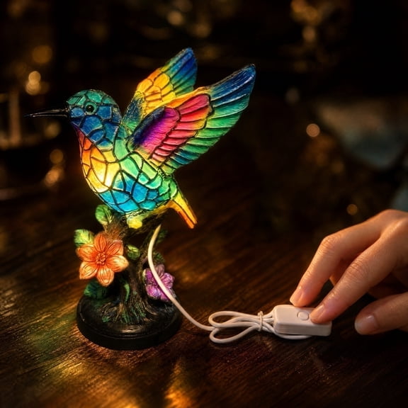 HaiSphere Stained Glass Hummingbird Lamp - Tiffany Style Small Night Light with Floral Bird Design, Resin Base Accent Table Lamp for Cozy Indoor Home Decor Display