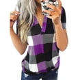 thumbnail image 1 of Femmes T-Shirt V Cou Femmes à Manches Courtes à Carreaux Chemisier Décontracté, Violet, L, 1 of 4