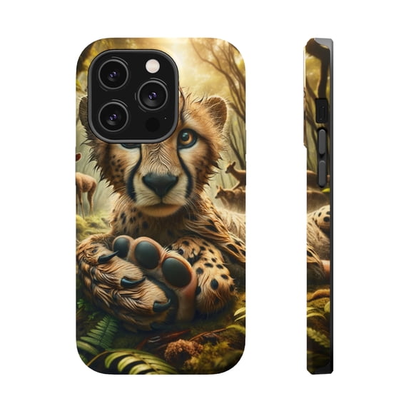 DistinctInk Tough Case for Apple iPhone 14 PRO (6.1" Screen), Compatible with MagSafe Charging - "Whimsical Cheetah: An Enchanting Encounter in the Forest"