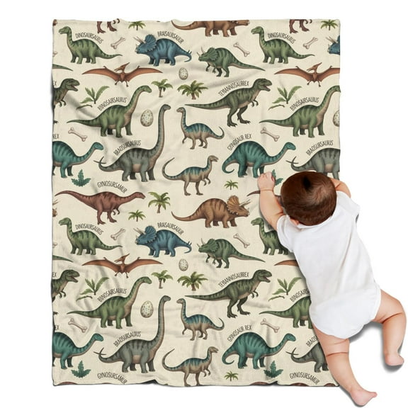 Beige Cartoon Dinosaurs Names Pattern Blanket,Comfortable Soft Flannel Throw Blanket,All Season,Warm Lightweight Blankets for Sofa Bed Couch Living Room Chair,30"x40"