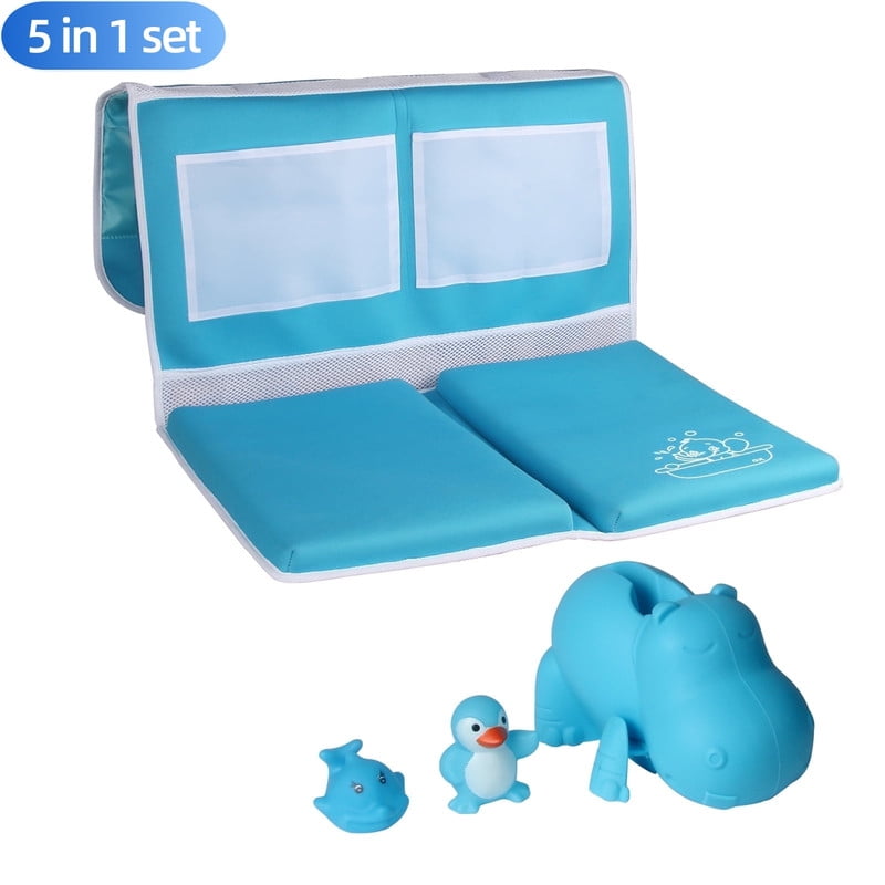 Active Mind Ltd Collapsible Baby Bath Kneeler Pad & Faucet Cover Set - Non-Slip Bathtub Knee/Elbow Protector with Silicone Spout Guard, Toy Organizer & 2 Bath Toys, Infant Bath Safety Essentials,Blue
