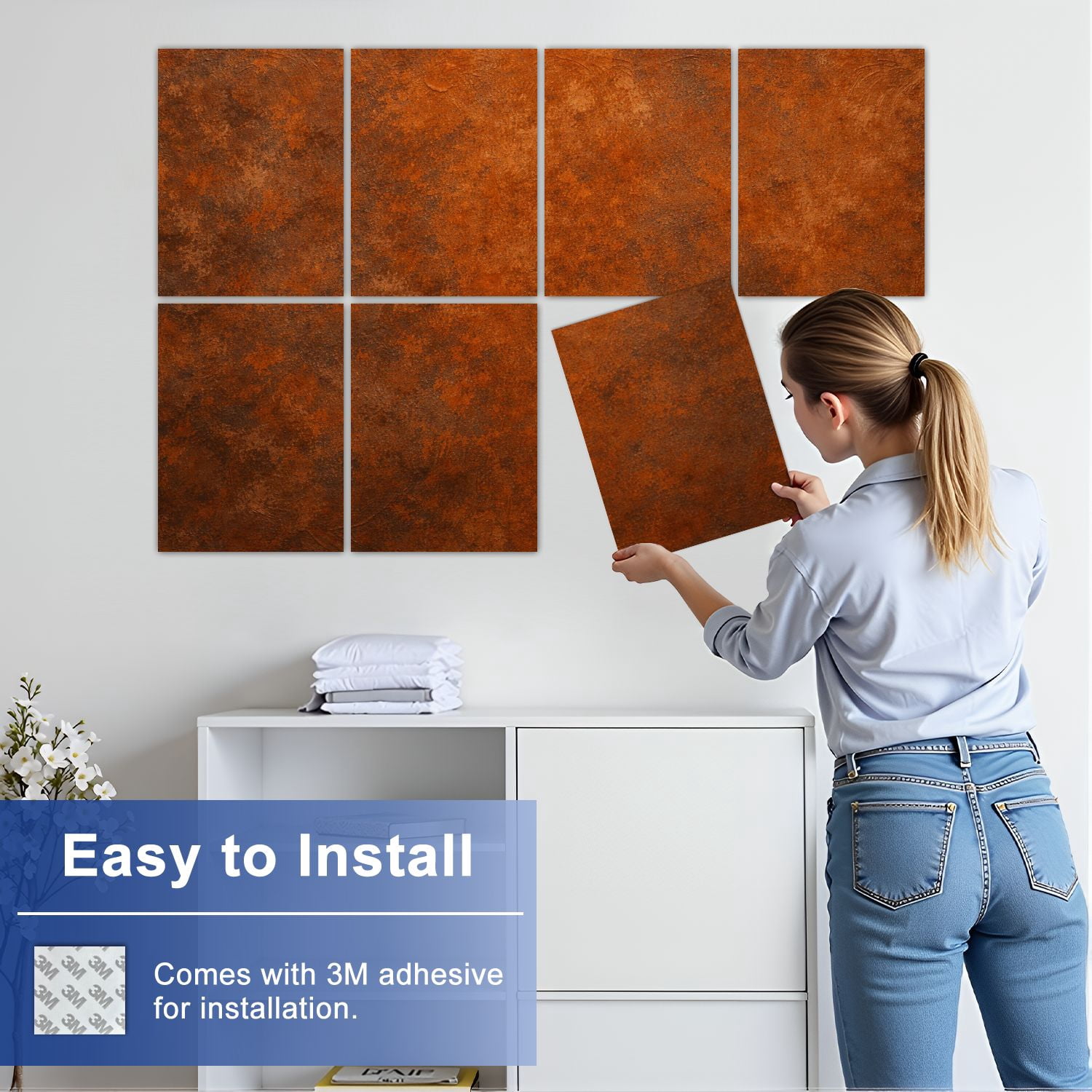 Farmhouse 8 Pack Art Acoustic Panels Sound Absorbing Grunge rusty orange brown metal steel stone texture panorama Decorative Soundproof Wall Panels Self Adhesive for Nursery Game Room Bedroom 48"x32"