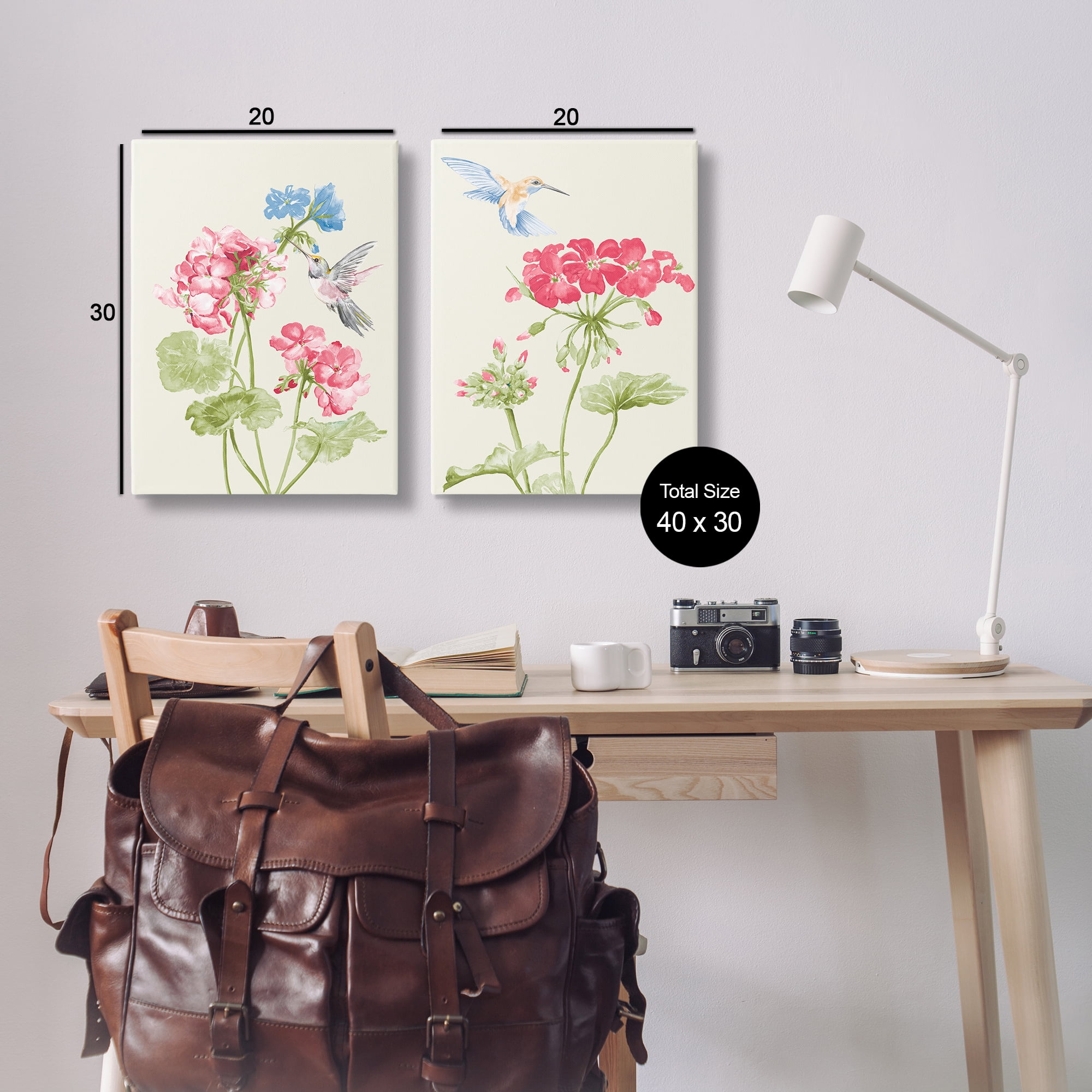 Stupell Industries Pink Geranium Hummingbirds Plants & Flowers Painting Wrapped Canvas Art Print Wall Art, 20 x 30, Set of 2