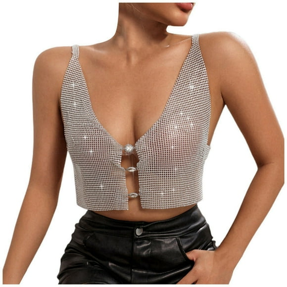 TSADFHJI Sparkly Tops for Women Blue Women's Sexy Metallic Sequin Racerback Top Backless Crop Tank for Party One Size Silver