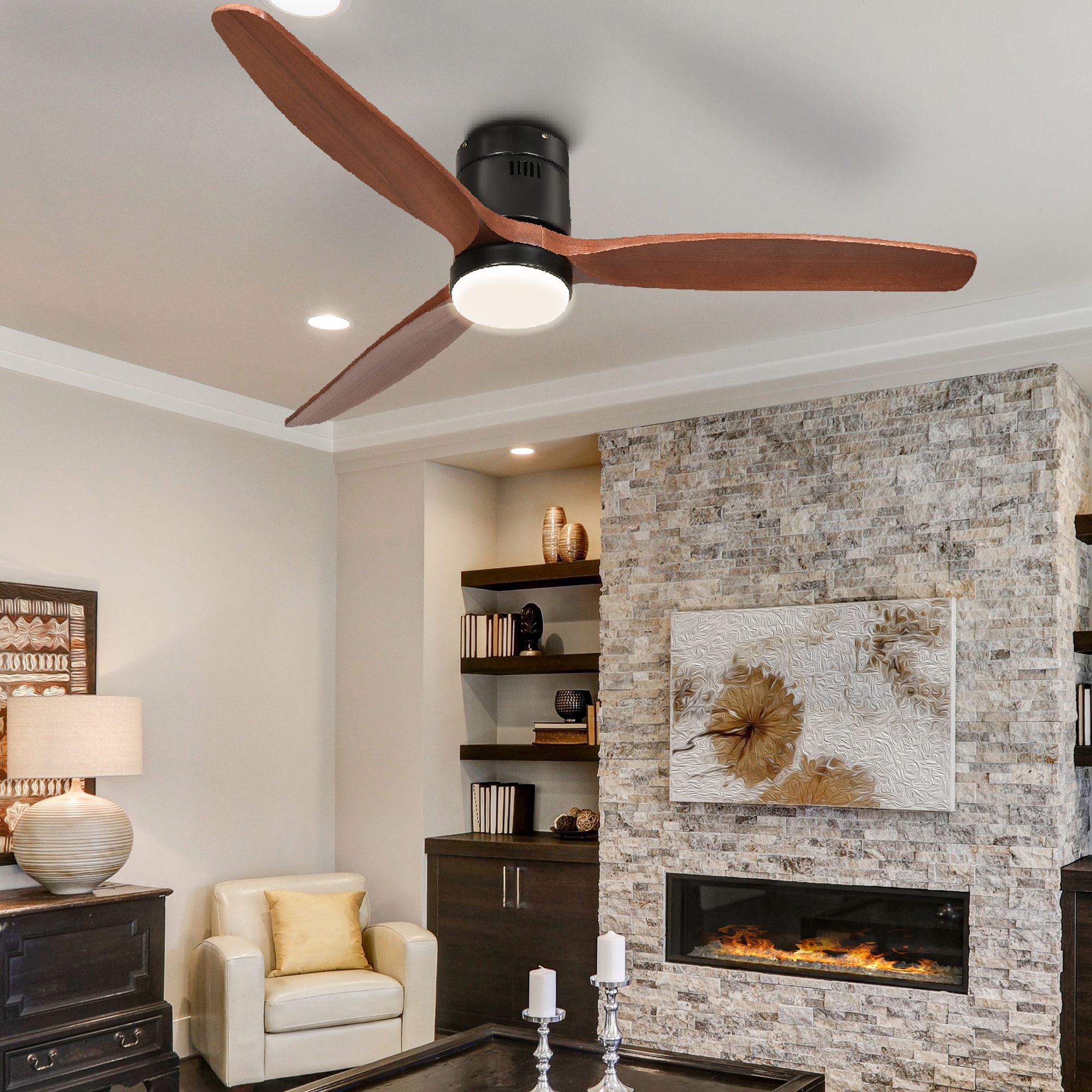 Uforic 52 Inch Low Profile Ceiling Fan with Lights Remote with Alexa, Flush Mount Ceiling Fan with 6 speeds - Black & Walnut