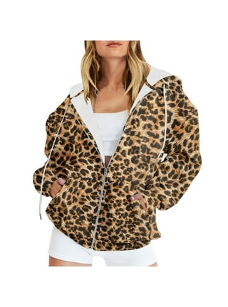 Womens Full Zip Up Hoodie Leopard Print Activewear Drawstring Coat Fall  Casual Jacket Sweatshirt with Pocket