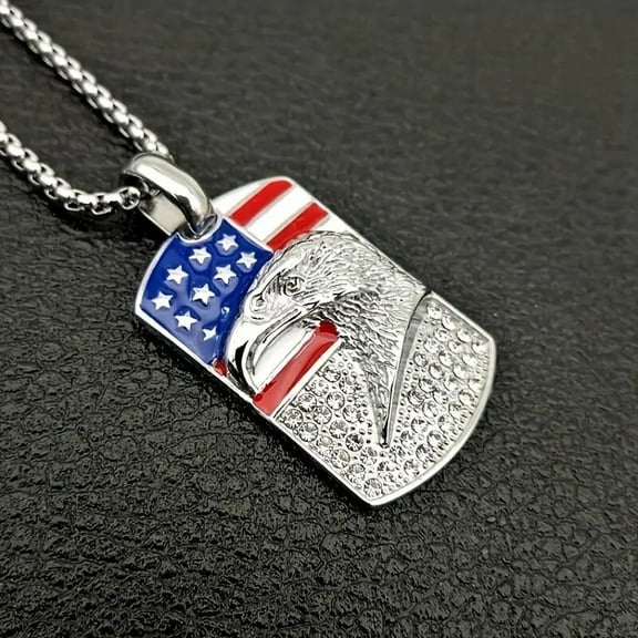 316L Stainless Steel Silver Plated American Eagle Dog Tag Pendant 3mm 24" Rolo Chain Necklace