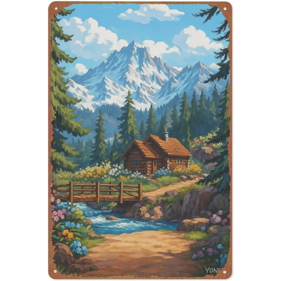 Vintage Metal Wall Sign Cabin Mountain Landscape Retro Tin Poster Art for Family Room Bedroom Basement Decor 8x12 Inch