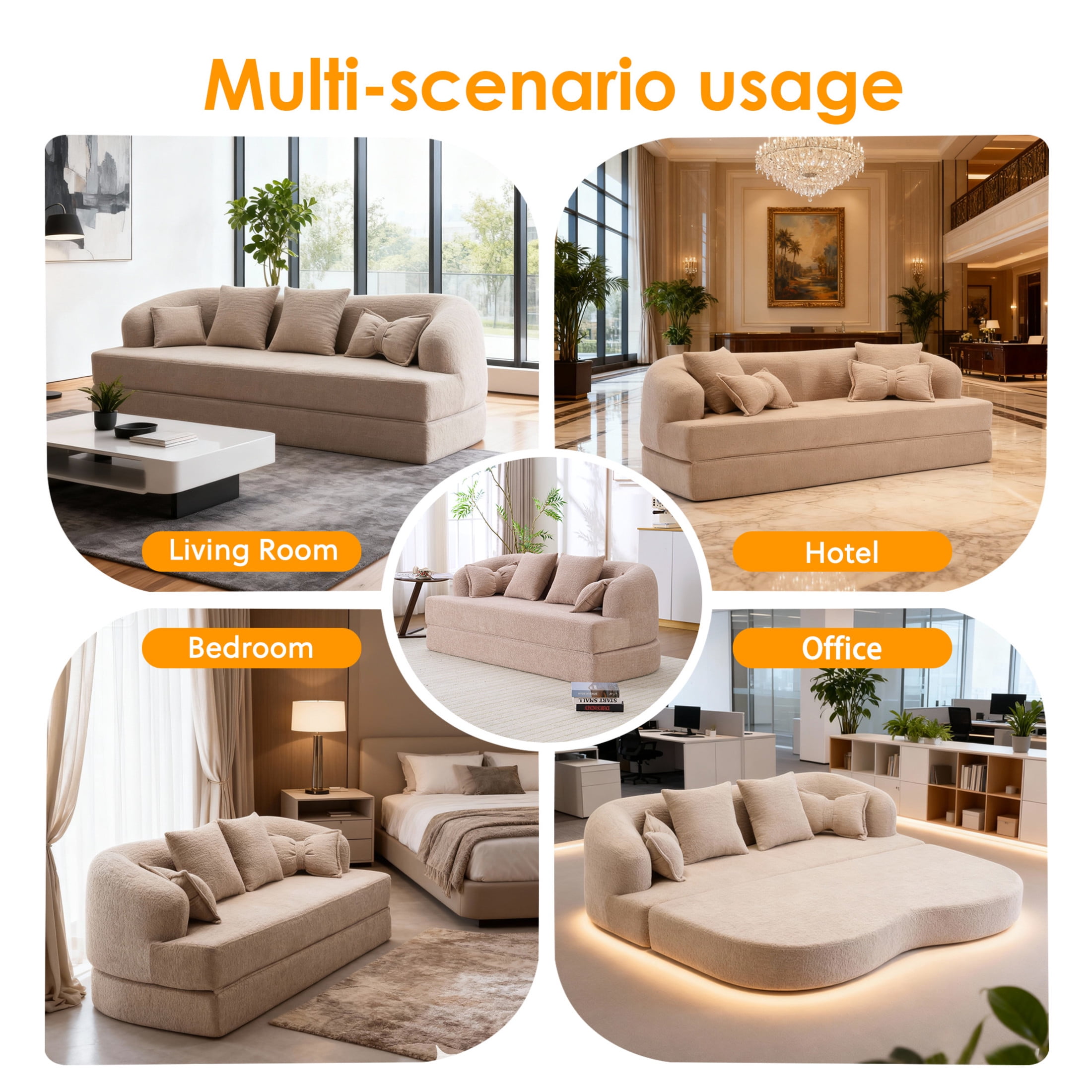 Noble House Erika 70" 2-in-1 Foldable Sofa Bed with Pillows, Boneless Chenille Convertible Sleeper Couch, Apricot