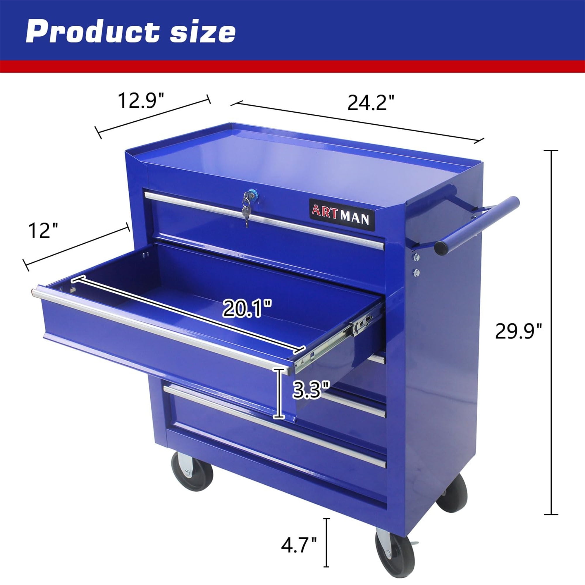 Aukfa Tool Chest, 5-Drawer Steel Rolling Tool Box on Wheels for Workshop Garage, Blue